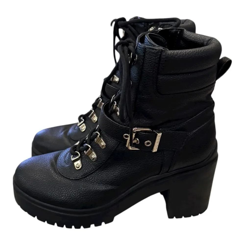 Guess Women’s Canaly Black Side Zipper Block Heel Ankle Combat Boots 7